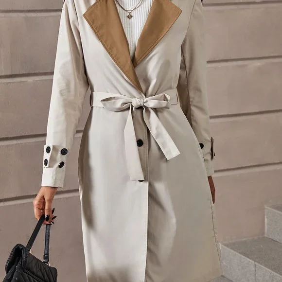 Brand New Colorblock Lapel Collar Single Breasted Belted Trench Coat - Picture 4 of 5